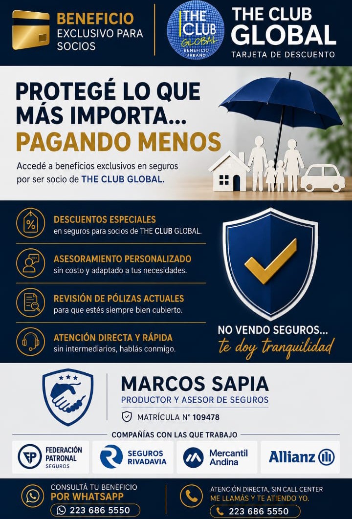Beneficios en Seguros Patrimoniales – vida – caución- etc. – trabajamos con las siguientes compañías Federación Patronal – Seguros Rivadavia – Mercantil Andina – Allianz. Productor: Marcos Sapia Matricula 109478.